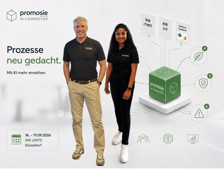 Michael Hofmann und Harshitha von promosie präsentieren den promosie AI CONNECTOR zur RIB Unite 2026 in Düsseldorf.